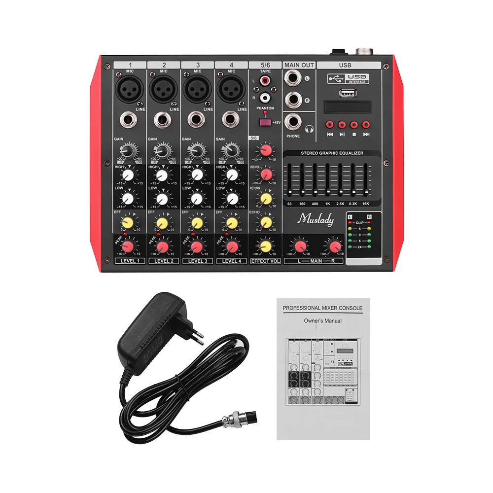 

Muslady Mixer 7-band EQ Built-in 48V Phantom Power D6 Portable 6-Channel Mixing Console Supports BT Connection USB MP3 Player