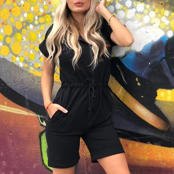 

Maoxzon Womens Black Drawstring Casual Hooded Playsuits For Female Fashion Short Sleeve Shorts Rompers Women Jumpsuits