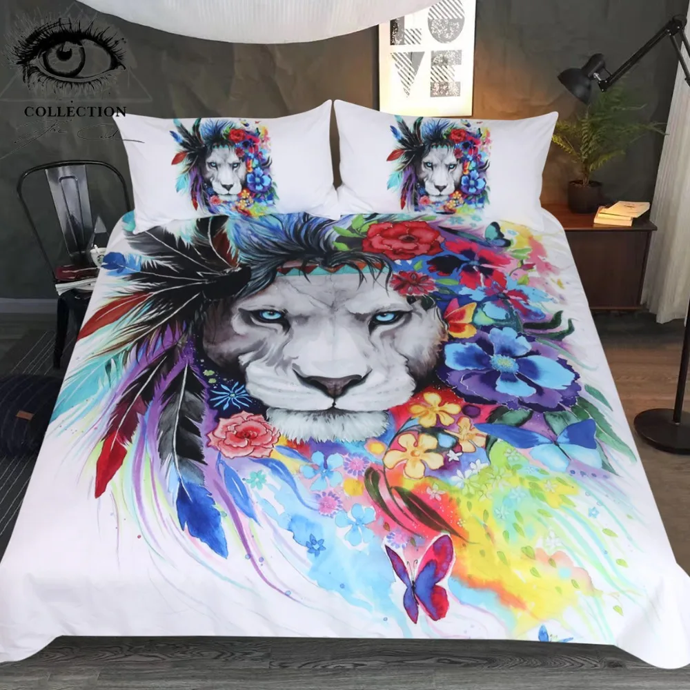 

Lion by Pixie Cold Art Bedding Set Tribal Animal Printed Duvet Cover Watercolor Floral Kids Bed Set Colorful Home Textiles 3pcs