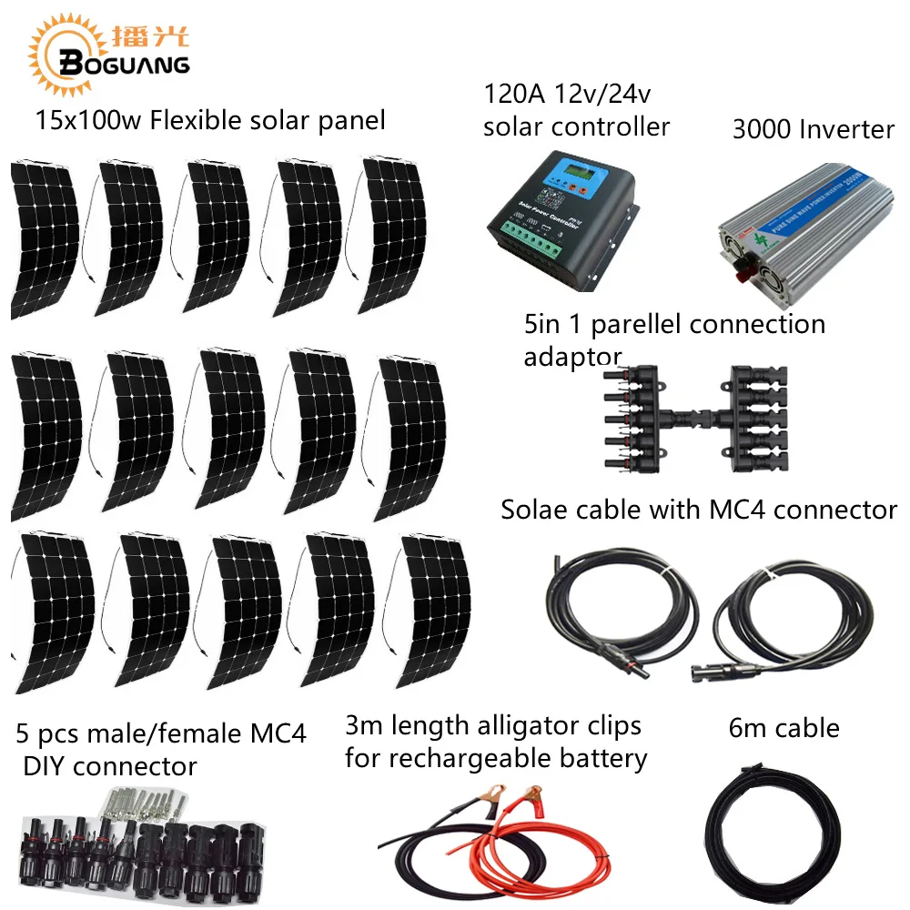 BOGUANG off-grid Photovoltaic system KITS 12v 1500W flexible solar panel ,solar panel system 120A controller 3KW inverter