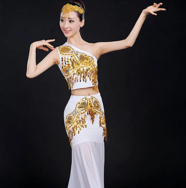 

art Costume Dai dance sequined Peacock Dance Adult Costume Yunnan fishtail skirt Costume Dress art Costume