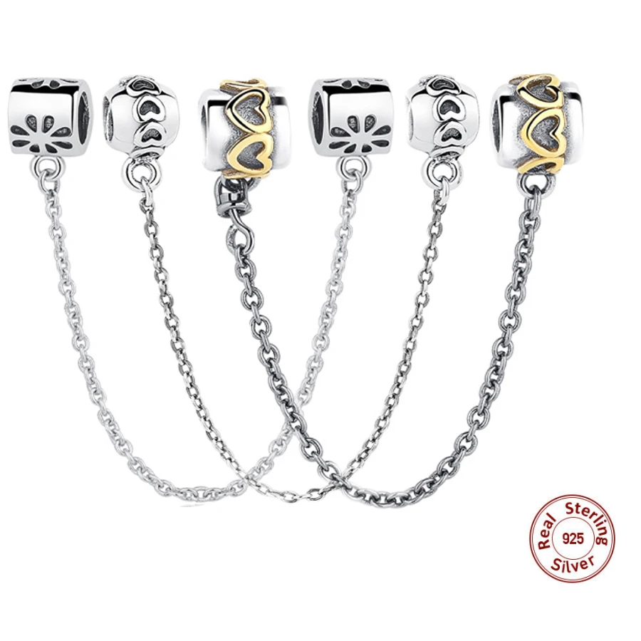 

New 100% 925 Sterling Silver Pave Inspiration Safety Chain, Stopper Charms Fit pandora Bracelet Bead Fashion DIY Jewelry