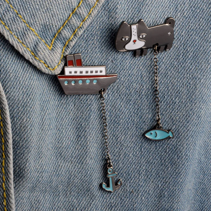 

Cat Kitten Fish Ship Sailing Boat Brooches For Women Girls Men Coat Hat Bag Badge Lapel Pins Button Chain Jewelry Special gift