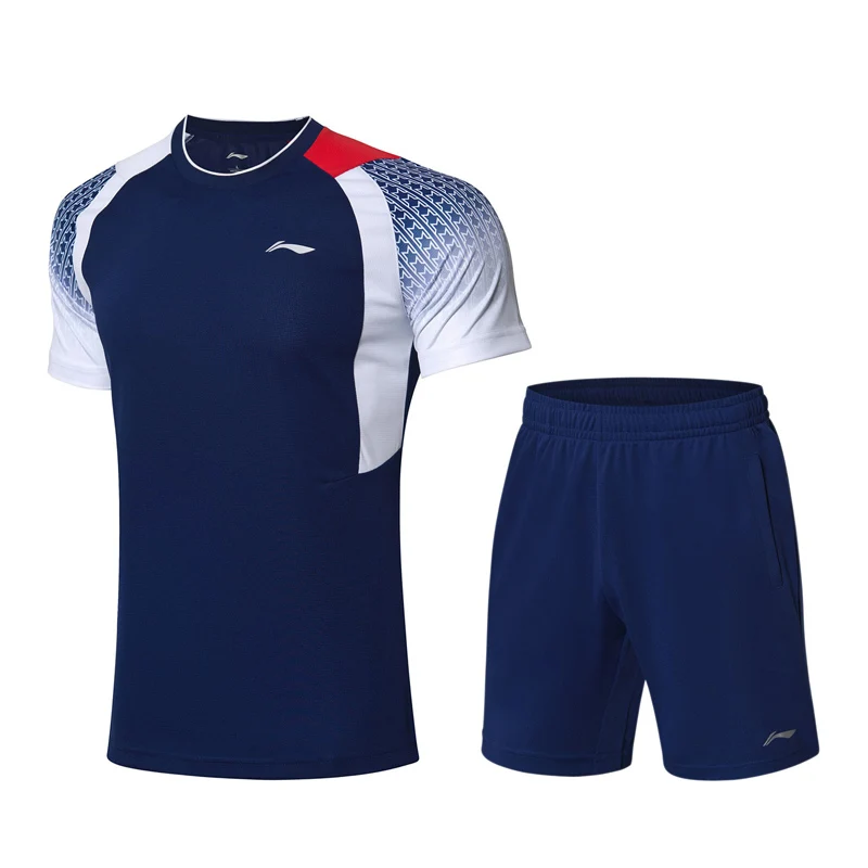 Li-Ning, мужские костюмы для соревнований, бадминтон, футболка+ шорты, комплект, дышащий, на сухой, комфортной подкладке, спортивный костюм, комплекты, AATP019 CAMJ19