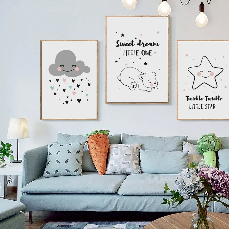 Simple-And-Cute-Cartoon-Star-Rain-Cloud-Bear-Canvas-Art-Painting-Prints-Poster-Picture-Wall-Baby