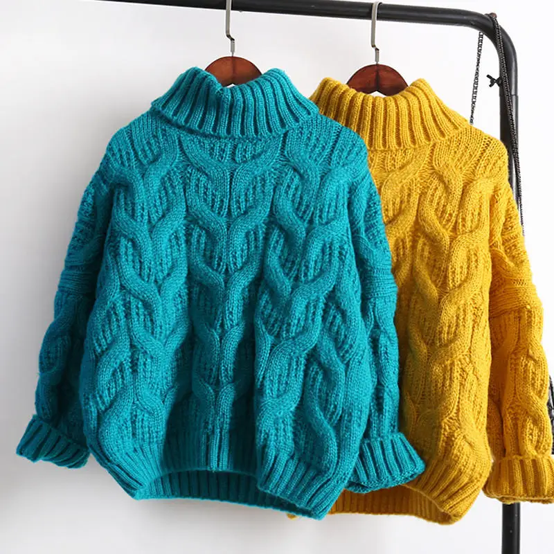 Осень Зима Водолазка; свитер женский свободный теплый плотный вязаный свитер большого размера Женский Повседневный Белый свитер Q1787