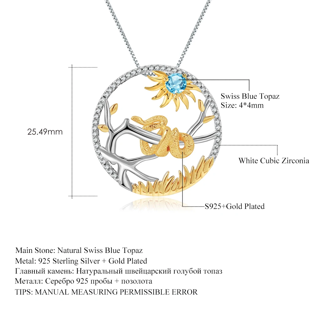 GEM'S балетное 925 пробы, серебряное, ручная работа, Китайский Зодиак, ювелирные изделия, натуральный Швейцарский Голубой Топаз, ожерелье с медальоном в виде змеи для женщин