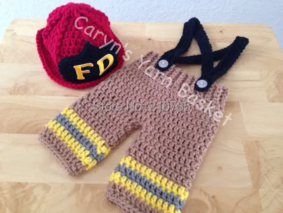

Free shipping Baby Firefighter Fireman Red Hat Outfit, crochet baby boy pants and hat set 0 - 3 months,Newborn Photography Prop