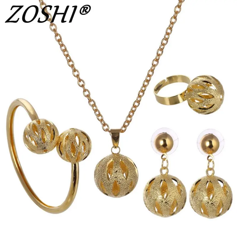 

Dubai Gold Silver Plated Ball Jewelry Set Pendant Necklace Cuff Bracelet Bangle Earrings African Beads Jewelry Sets For Women