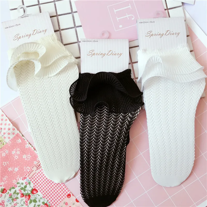 2017 Women Girls Chiffon Ruffle Frilly Ankle Socks Hollow Harajuku Cute Vintage Retro Floral Lady White Fishnet Wedding Summer