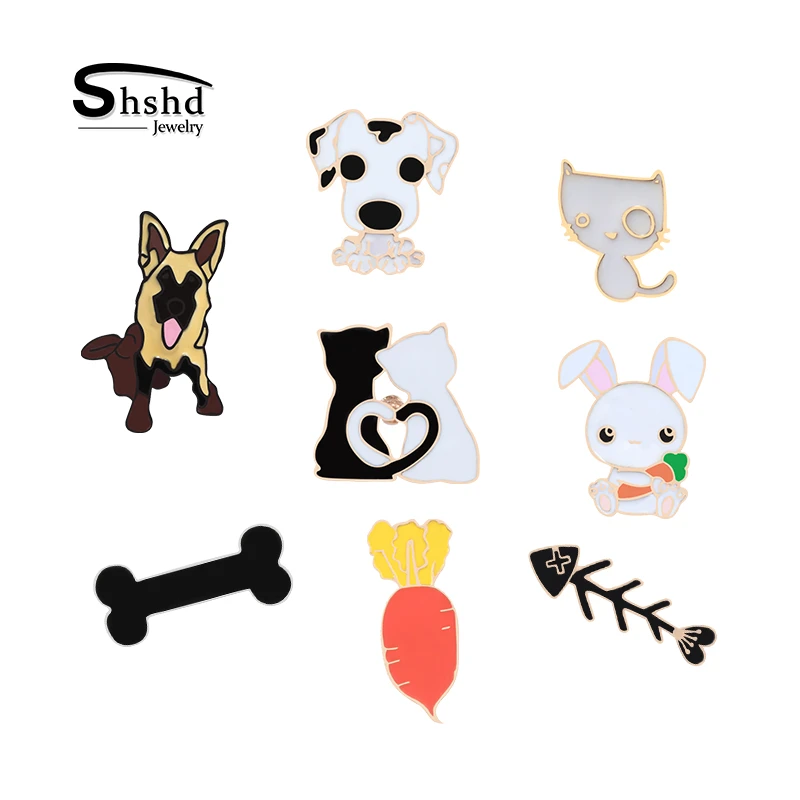 Shshd 猫 犬 魚の骨の形をした金属製のブローチ 黒と白の色 エナメルピン ウサギ 動物 ギフトジュエリー ブローチ Aliexpress