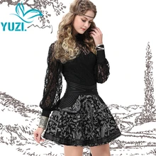 Весной Yuzi старинные плиссированные женщины-line юбка цветочный вышивка высокая талия мини хлопок юбки X3507Women одежда saia