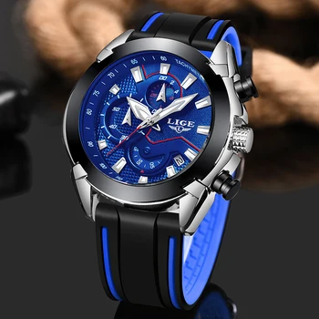 LIGE Mens Watches Silicone Strap Top Brand Luxury Waterproof Sport Chronograph Quartz Business Wristwatch Watch Men reloj hombre 2020 lige watches mens top brand luxury sport quartz chronograph stainless steel men watch fashion waterproof clock reloj hombre