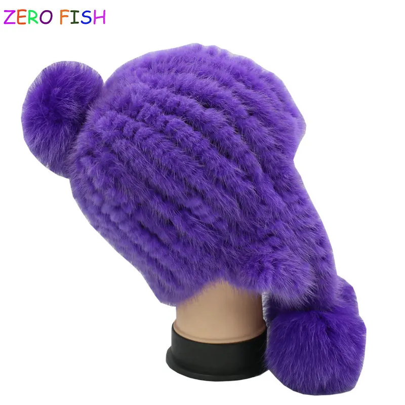 

ZERO*FISHwomen knitted Mink Fur Hat styles female fur Cap with fox fur pompom lining Women Winter Headwear girls hats for beanie