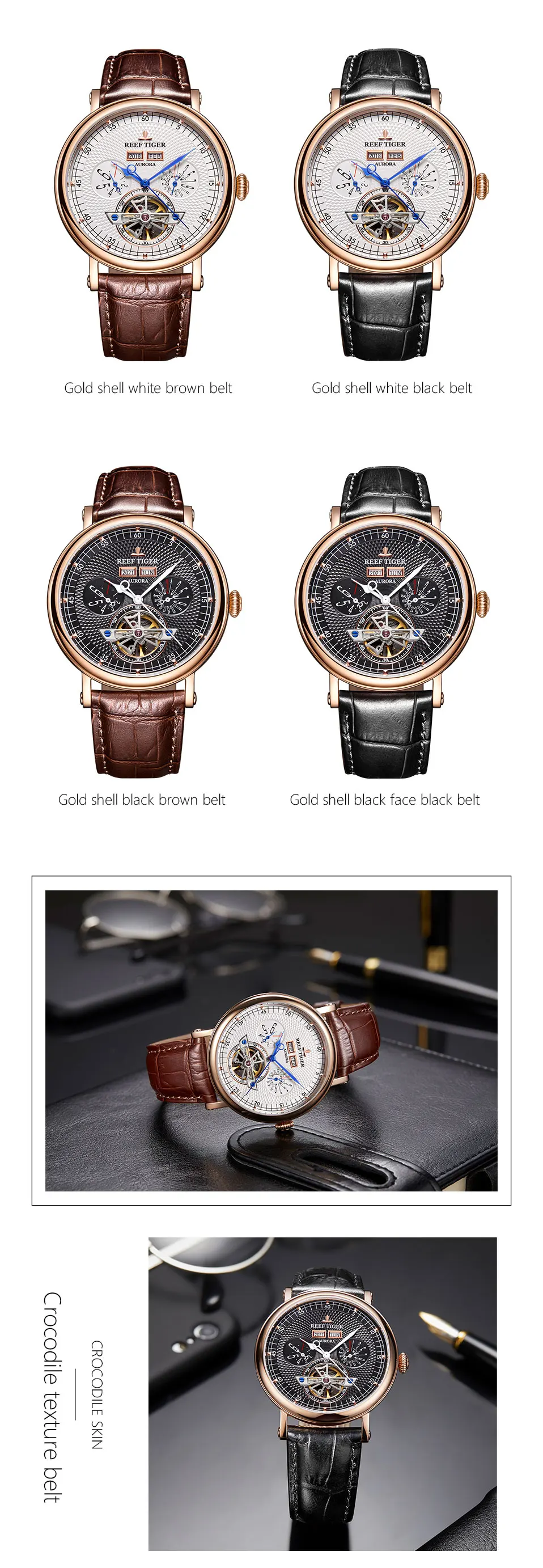 Reef Tiger/RT Top Brand Luxury Tourbillon Watches for Men Functional Watch Brown Leather Strap Automatic Wrist Watch RGA1903