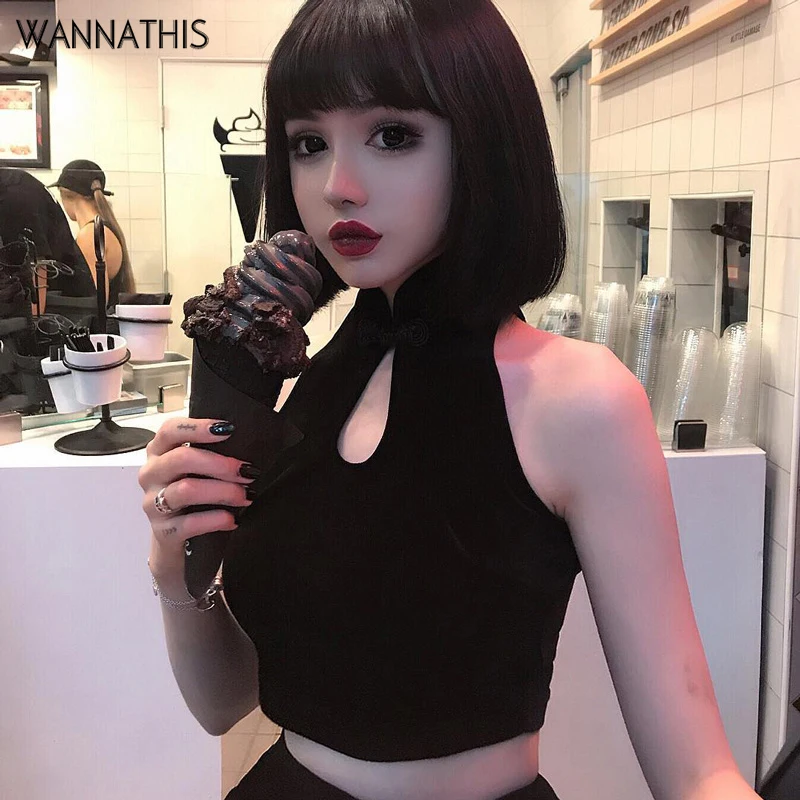 

WannaThis Velvet Hollow Out Camis Women Sexy Crop Tank Tops Solid Sleeveless Summer 2019 Fashion New Chinese Style Button Casual
