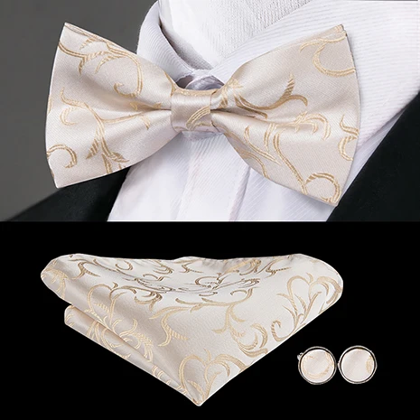 Hi-Tie Classic Black Bow Ties for Men 100% Silk Butterfly Pre-Tied Bow Tie Pocket Square Cufflinks Suit Set Floral Gold Bowties LH-795
