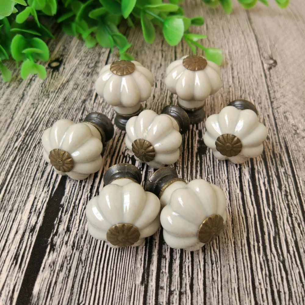 Set of 10 Pieces Ceramic & Metal Grey Pumpkin Drawer Pulls and Knobs Handmade Designer High Base Cabinet Handles and Knobs