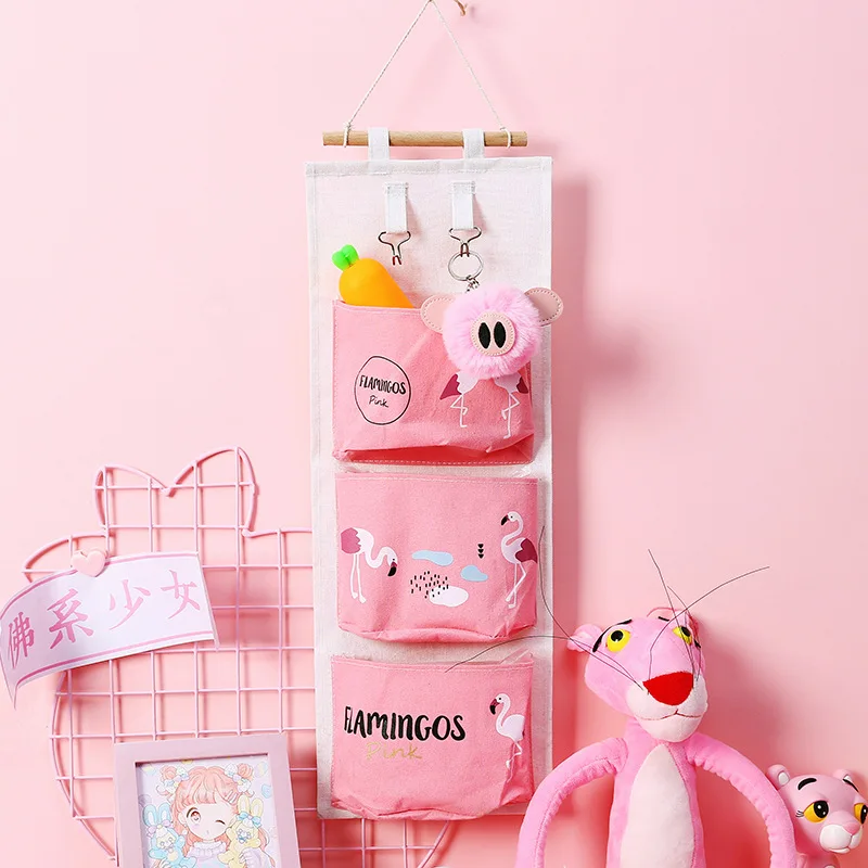 Flamingo Hanging Bag Storage Organizer Cotton Line Door Pouch Wall Mount Hang Bag Waterproof Cosmetic Toys Container 3 Pockets (4)