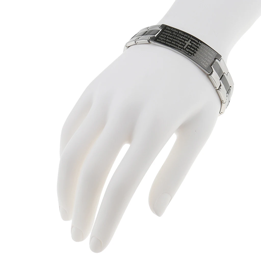 Men Women Charm Cuff Wristband Stainless Steel Bracelet with Engraved English Lord's Prayer Bible Cross Pattern 21x1.5cm