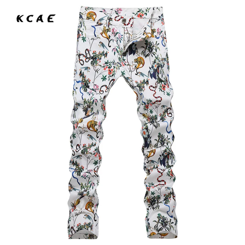 

Big Size 28-36 White Printed Men Jeans Fashion Male Unique Cotton Stretch Jeans Man's Casual Pattern Biker Jeans