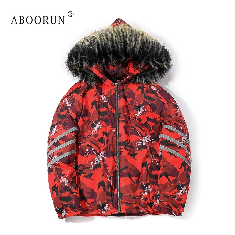 ABOORUN модные для мужчин зимняя куртка хип хоп Camou с капюшоном большой меховой воротник мужской толстый теплый пальто парка x1879