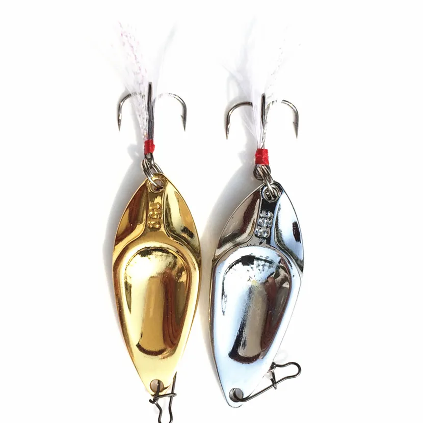 Fishing Spoon Bait Gold Silver Metal Spoonbait Feather Hook Hard Bait