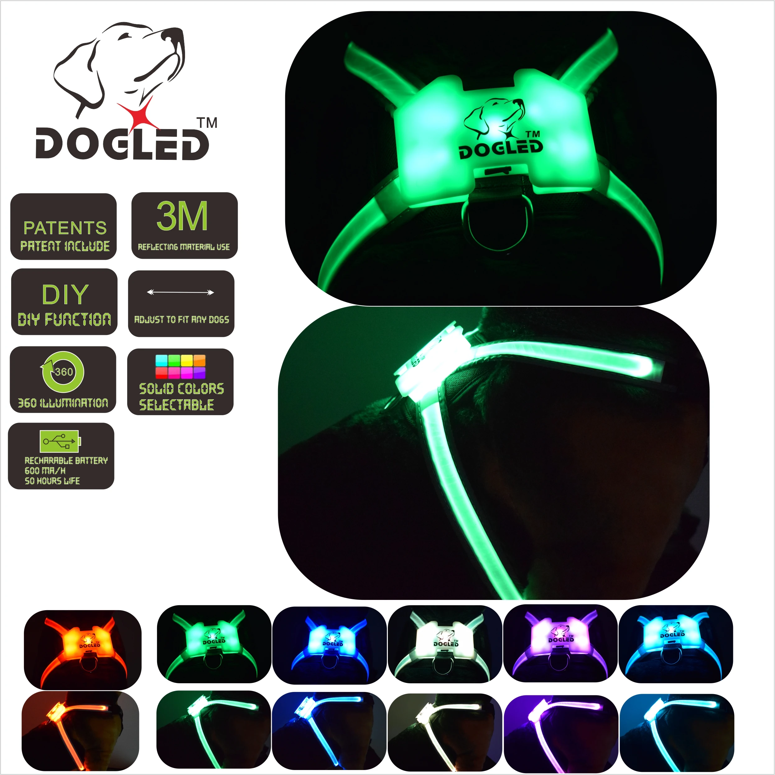 

led dog harness multicolor 7 in 1 USB recharable multi function dog harness rainroof DIY dogharness large size