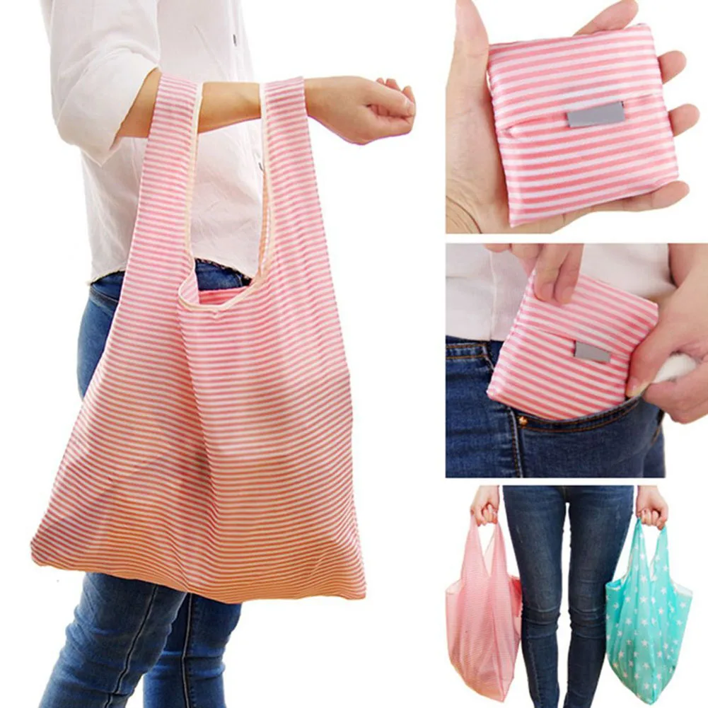 Durable Reusable Shopping Bags Striped Polka Dots Environmental Tote Handbag Large-capacity Storage Folding Eco Bags Grocery Bag