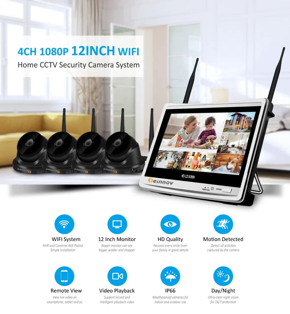 Einnov 4CH 12 дюймов ЖК дисплей CCTV NVR Wi Fi видеонаблюдения 2MP 1080 P HD домашнего