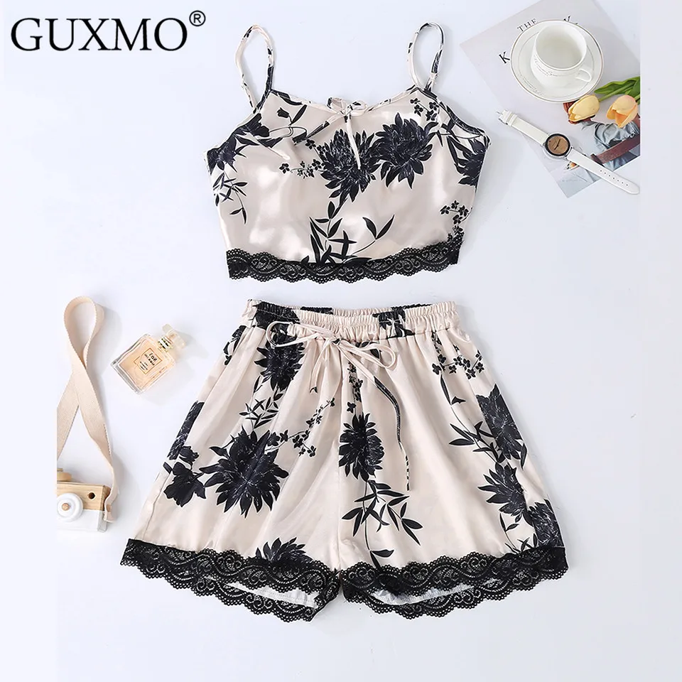 Chemise robe Silk Satin Sleepwear Lace Floral Decorative pattern Print Cami PJ Set Babydoll Lingerie Nightwear Shorts | Женская одежда