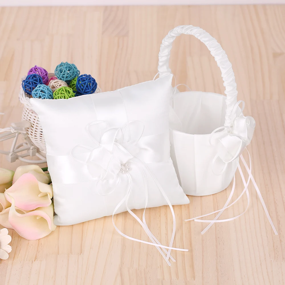 

Ring pillow and Flower Basket 7X7 inches Ivory White Satin Flower Bowknot Ring Bearer Pillow and Wedding Flower Girl Basket Set