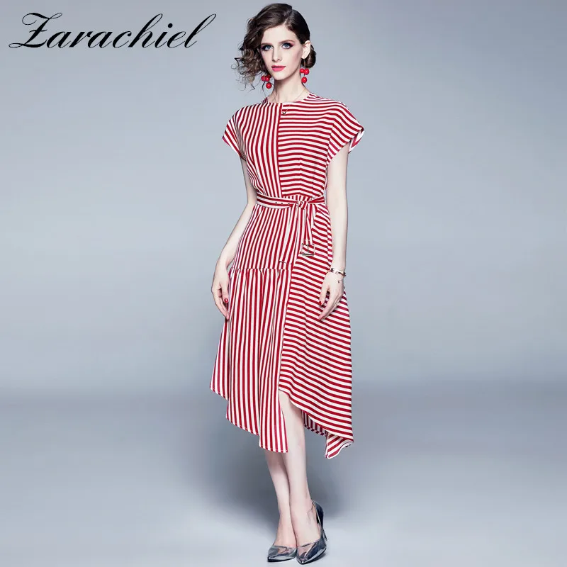 

Dropped Shoulder Sleeve Asymmetric Shirt Dress 2019 Summer Vintage Office Lady Sashes Red Striped Print Casual Midi Party Dress