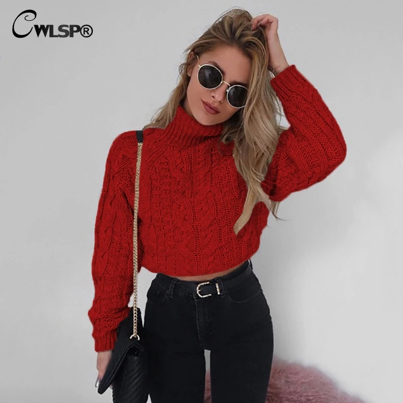 

CWLSP 2018 Winter Turtleneck Pullover Solid Short Sweater Women Long Sleeves Loose Lady's sweater ropa mujer invierno QL4243