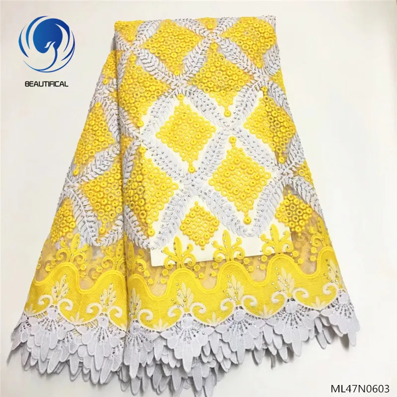 

Beautifical african lace fabrics 2019 yellow lace dress with rhinestones guipure lace fabrics for women 5yards/lot ML47N06