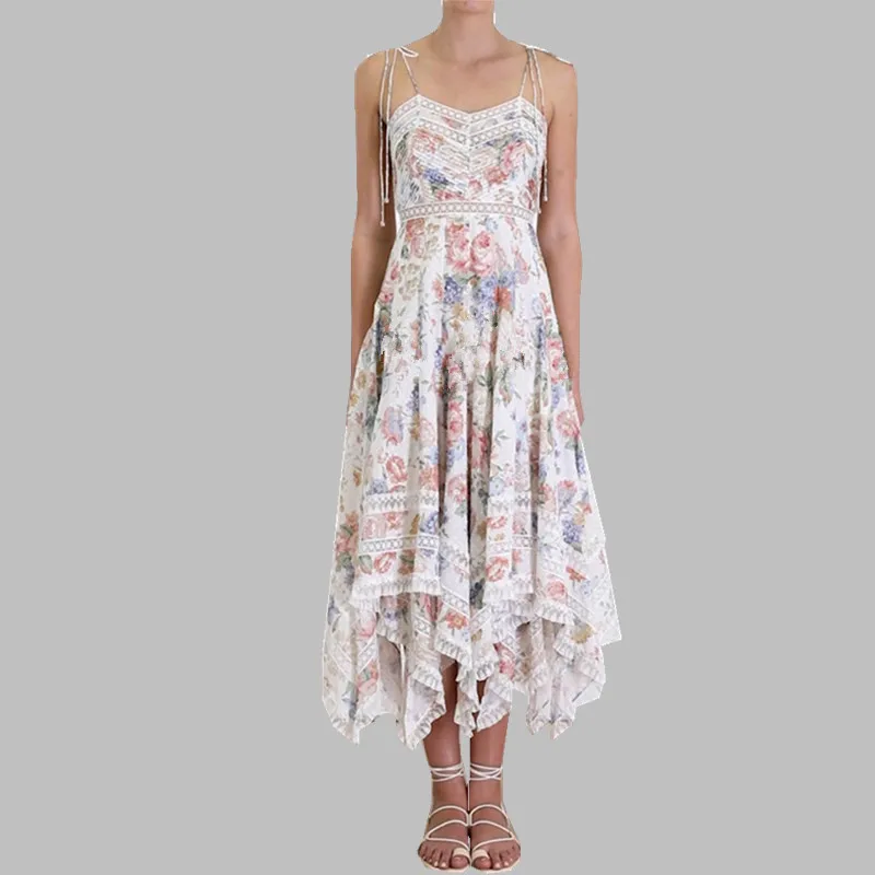 

HAMALIEL Boho Asymmetrical Holiday Women Dress Runway Women's Halter Printed Tie Patchwork Lace Long Dress Sexy Backless Dress