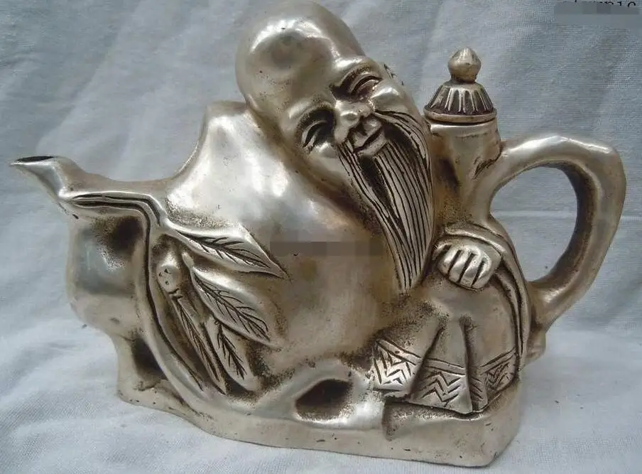 China silver carved finely longevity buddha teapot Sculpture statue in