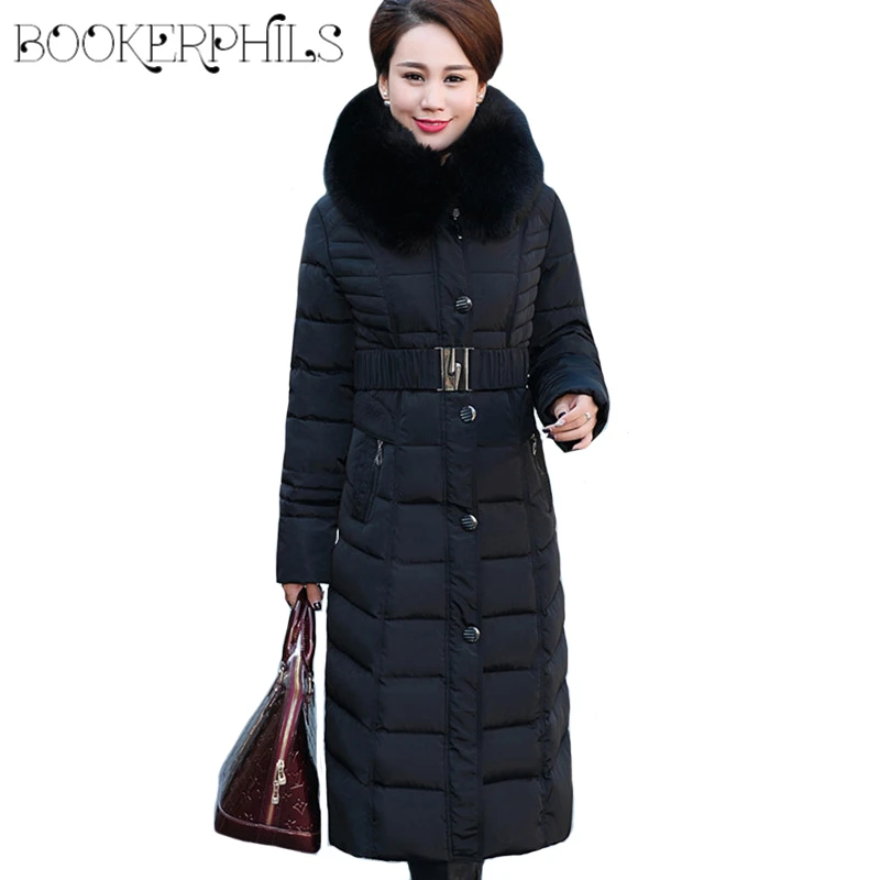 Najtaniej Kurtka zimowa kobiety w średnim wieku x long Plus rozmiar gruby futrzany kołnierzyk płaszcz zimowy kobiety długie parki z kapturem bawełna odzież wierzchnia L 5XL