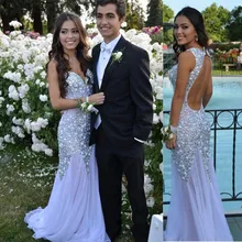 Luxus brautkleider licht lila perlen kristall shinny robe de soiree v-ausschnitt open back bodenlangen chiffon abendkleider