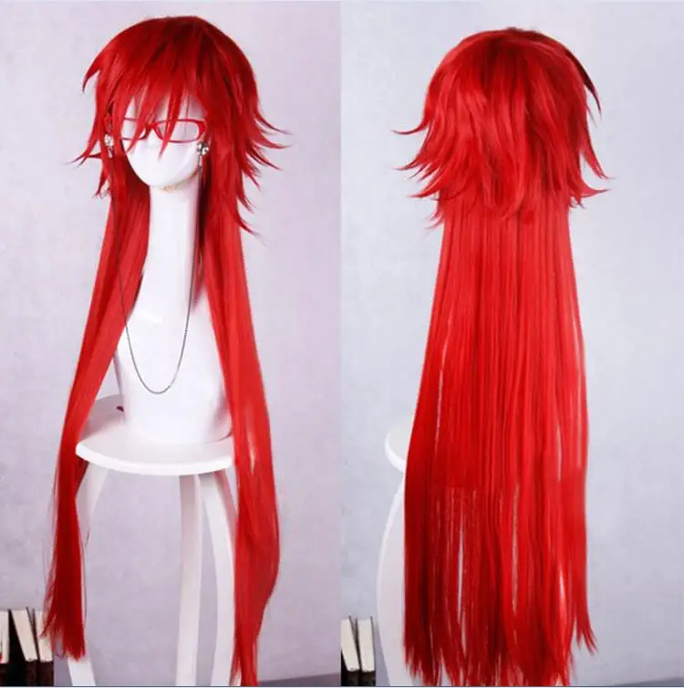 100 см длинные яркие красные Грелл Сатклифф термостойкие волосы Kuroshitsuji Черный Дворецкий Косплей Костюм парик+ Череп цепи очки - Цвет: Wig Only