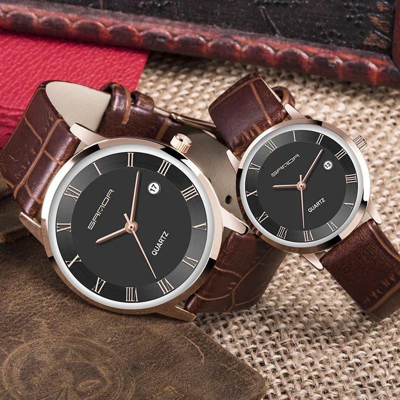 

7mm Super Slim Fashion Couple Watch SANDA Top Brand Business Men Wristwatches Genuine Leather Watch Men Calendar Clock relogio