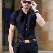 Мужская полосатая прозрачная рубашка с коротким рукавом, тонкая сексуальная Прозрачная Клубная одежда, вечерние мужские кружевные прозрачные топы