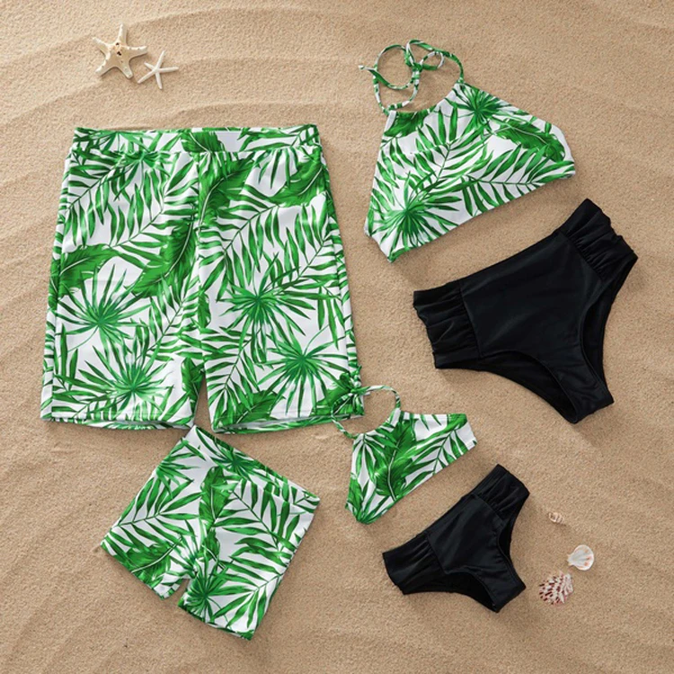 

family matching swimsuits tropical leaf print mother daughter swimwear dad son swimming trunks mommy and me matching clothes