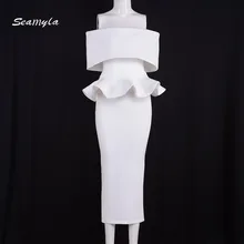 Seamyla 2017 Winter White Dress Vestidos New Fashion Mid Calf Ruffles Strapless Bodycon Dress Sexy Women Evening Party Dresses