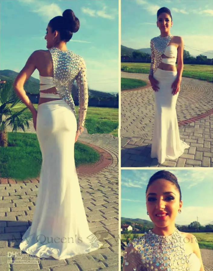 

free shipping robe de soiree 2014 new hot&sexy one shoulder crystal long sleeve vestido de festa party gown evening Dresses