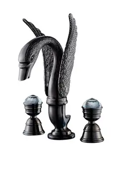 

BLACK 3 Pcs 8" WIDESPREAD LAVATORY BATHROOM SINK SWAN FAUCET mixer tap Crystal handles unique style deck mounted New