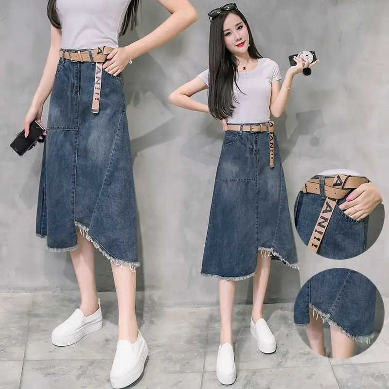 women clothing denim fabric washed  skirts split skirts high waist slim women skirts cowboy solid color belt free s-5xl size