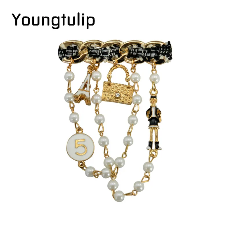 

Young Tulip Imitate Pearl Chain Pin Brooches Fashion Jewelry for Women Bag Coat Accessories High Quality Good Gift Hot Sale