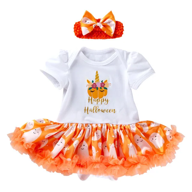 

Halloween Pumpkin Holiday Clothing Baby Cotton Rompers 1st Birthday Costumes Ruffle Romper Headband 2pcs Newborn Girl Clothes
