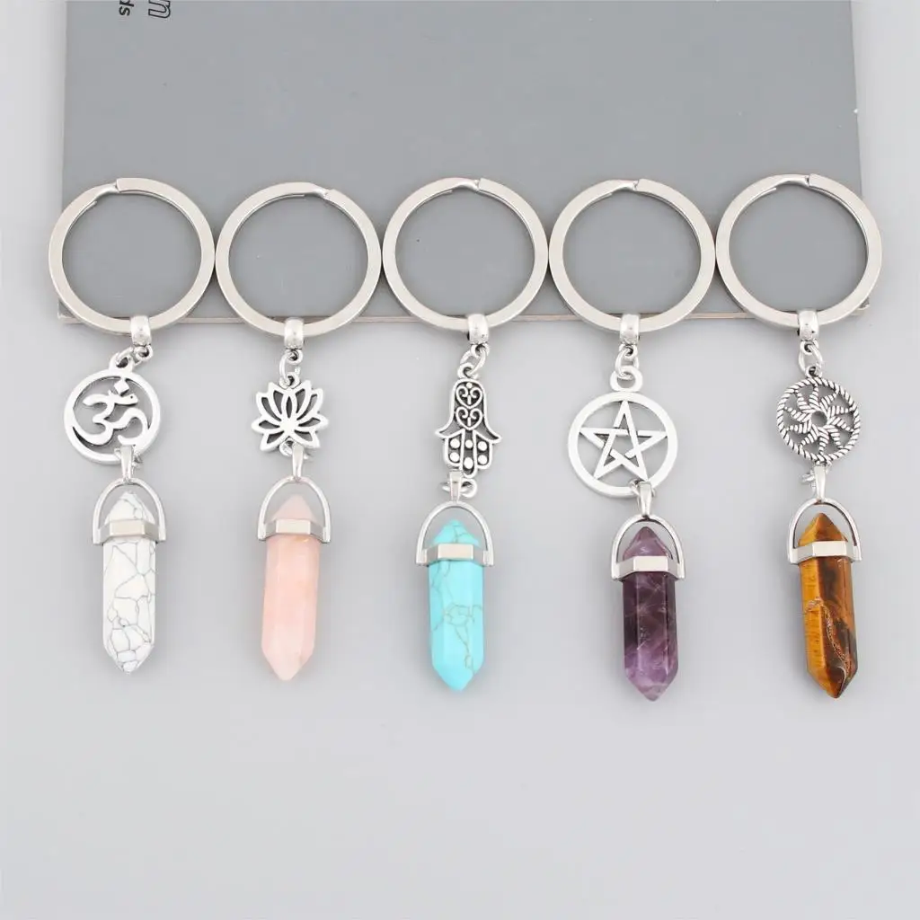 

1Pc New Arrival Natural Quartz Stone KeyRing Yoga OM Pendant Keychain Women Bag Hangle Car Jewelry Accessories E2505-E2509